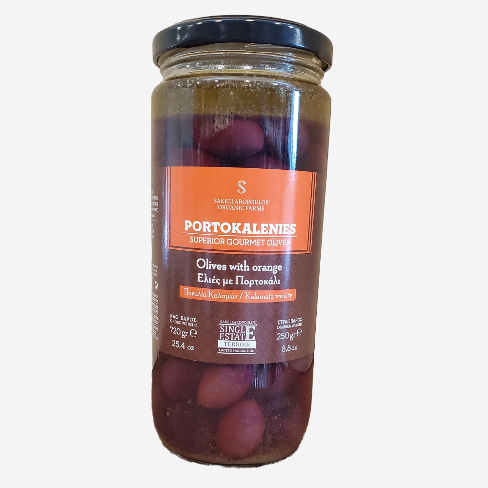 Schwarze Oliven mit Orange "Portokalenies", 250g
