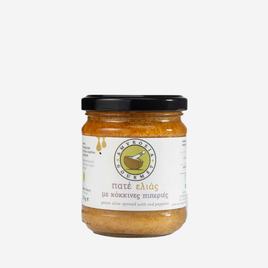 Aufstrich aus grünen Oliven mit rotem Paprika, 200g