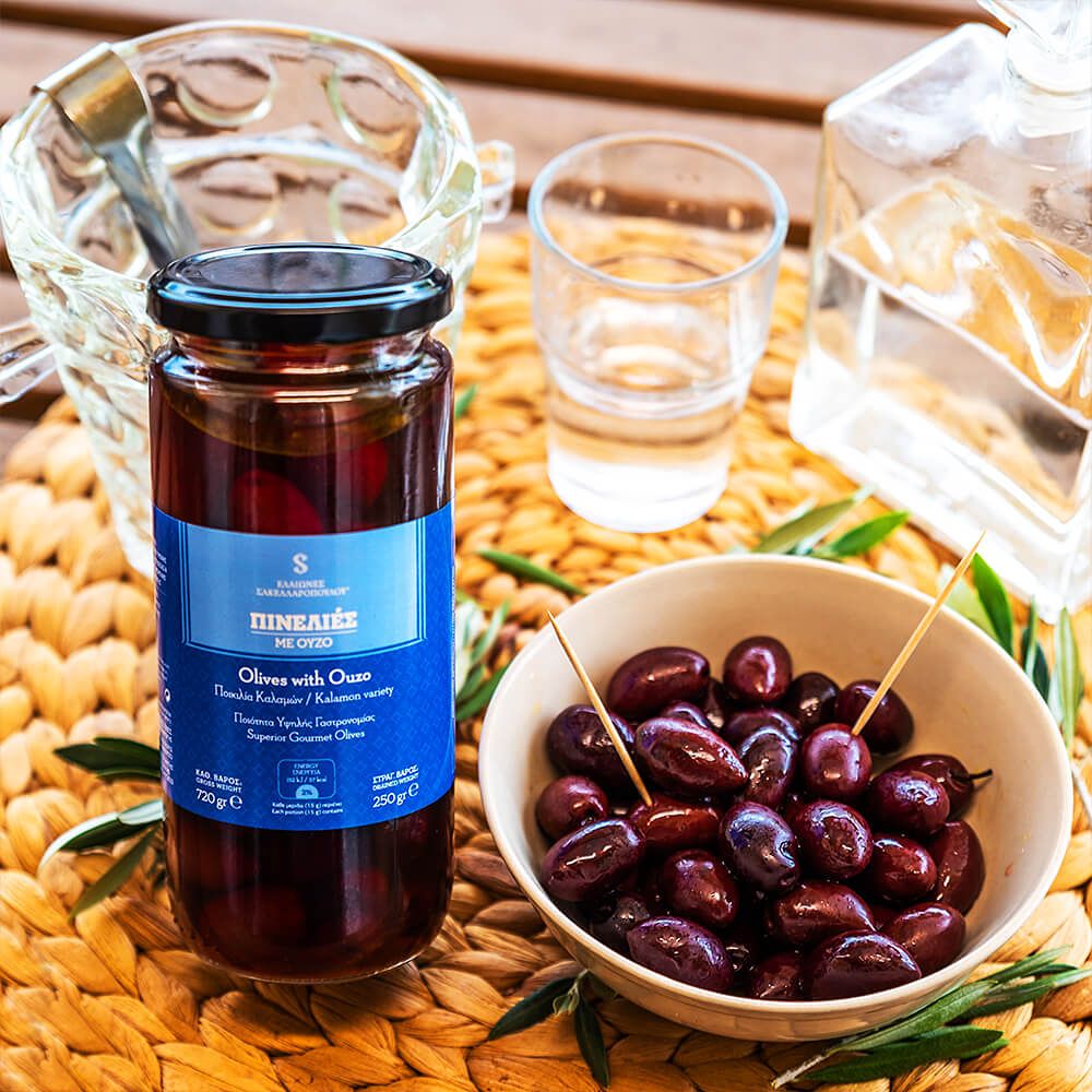 Schwarze Oliven mit Ouzo "Pinelies", 250g