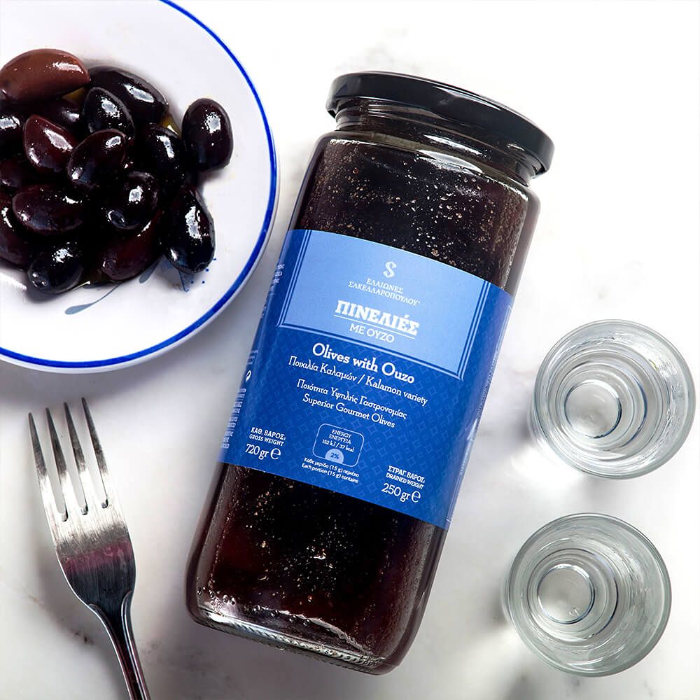 Schwarze Oliven mit Ouzo "Pinelies", 250g