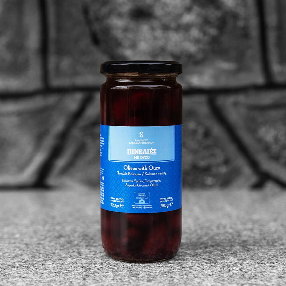 Schwarze Oliven mit Ouzo "Pinelies", 250g