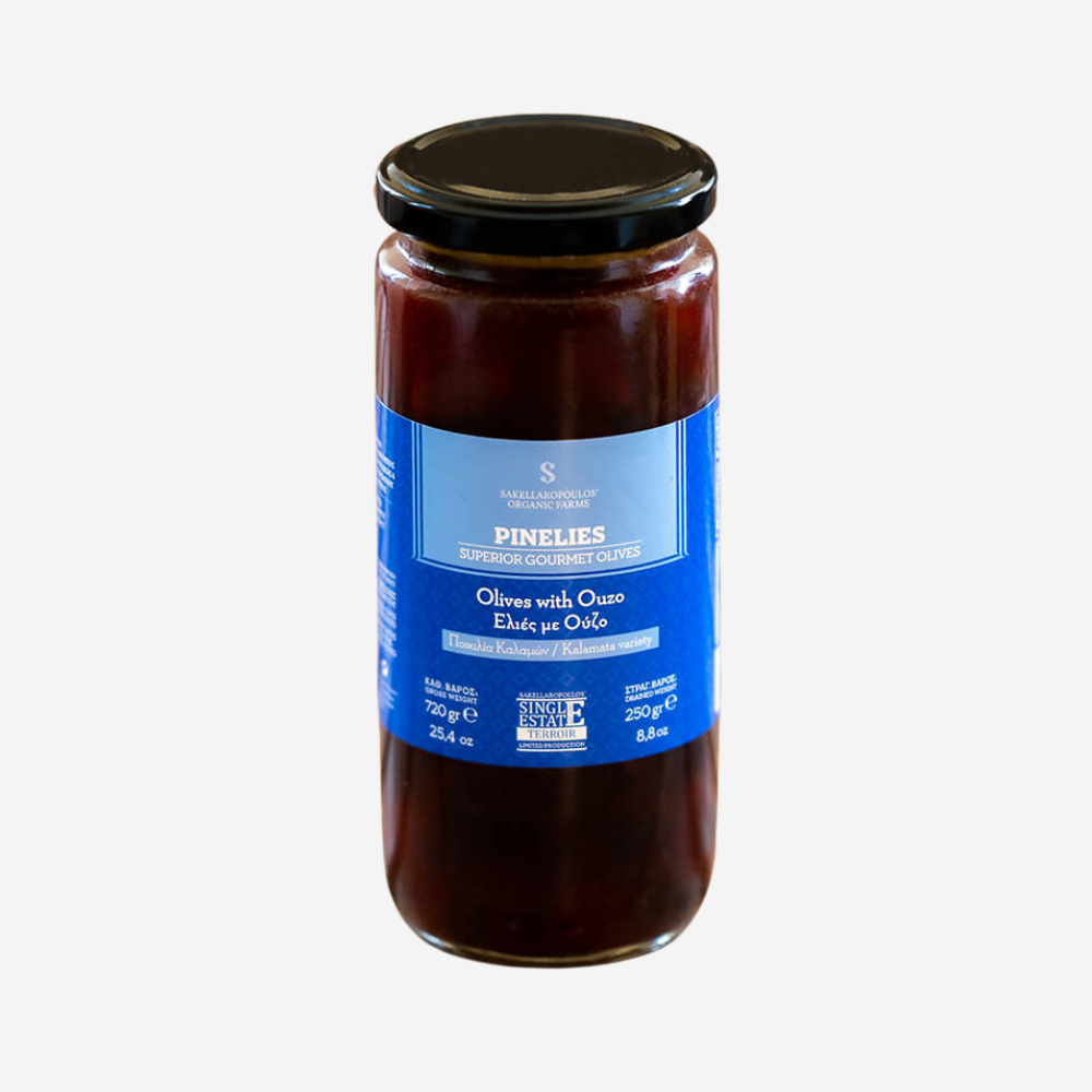 Schwarze Oliven mit Ouzo "Pinelies", 250g
