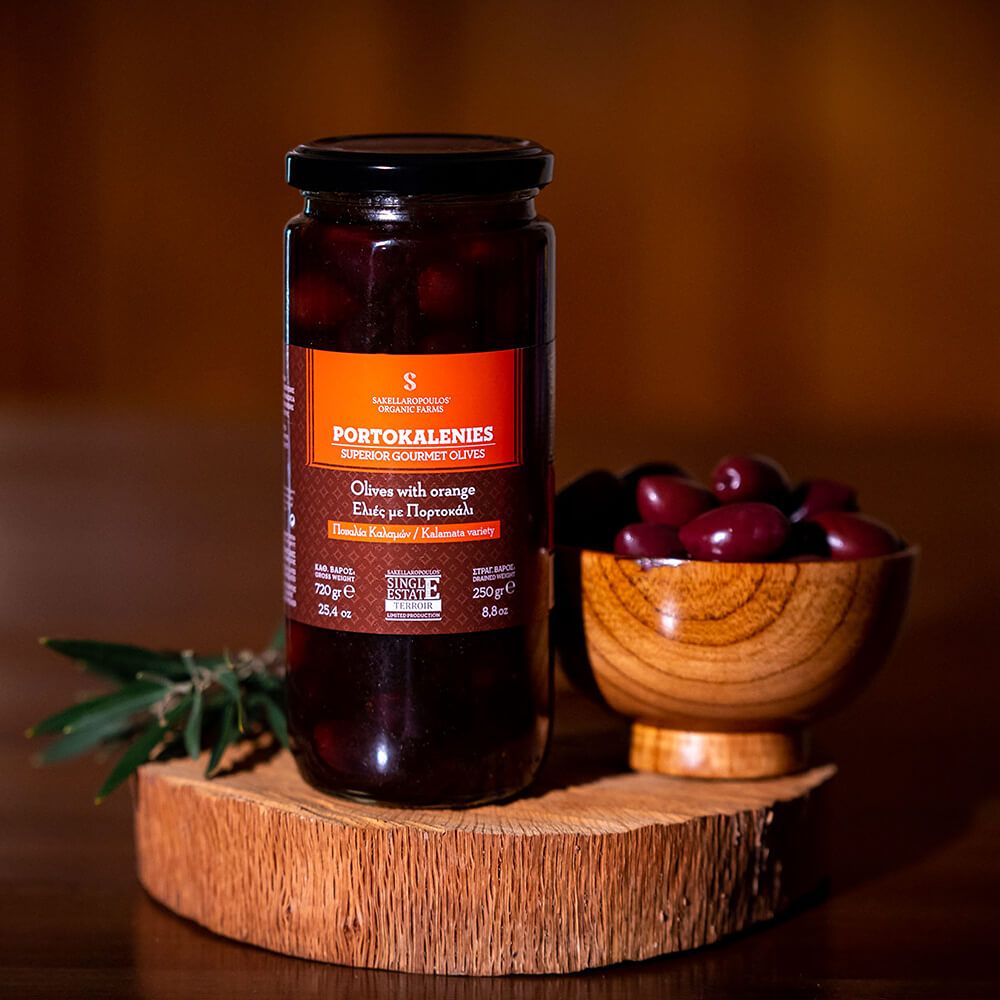Schwarze Oliven mit Orange "Portokalenies", 250g