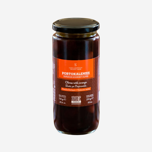 Schwarze Oliven mit Orange "Portokalenies", 250g