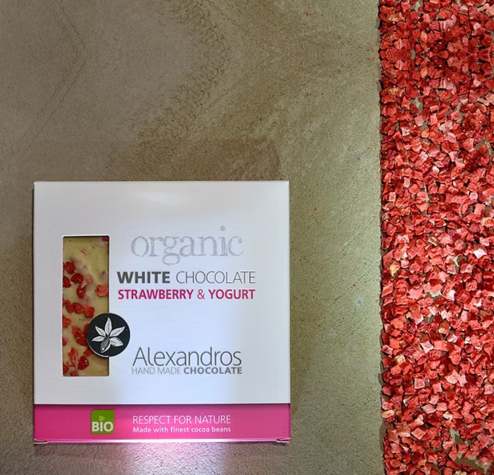 Weiße Schokolade mit Erdbeeren und Joghurt, 90g - BIO