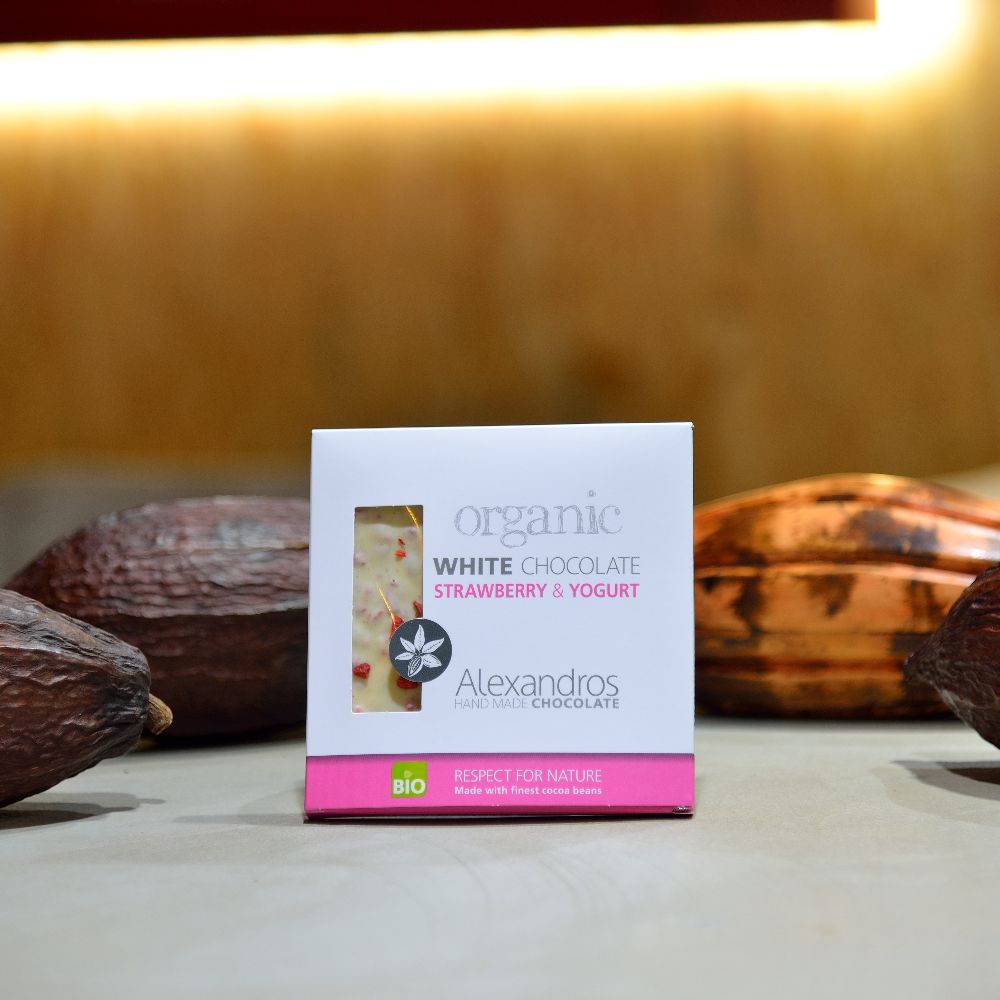 Weiße Schokolade mit Erdbeeren und Joghurt, 90g - BIO