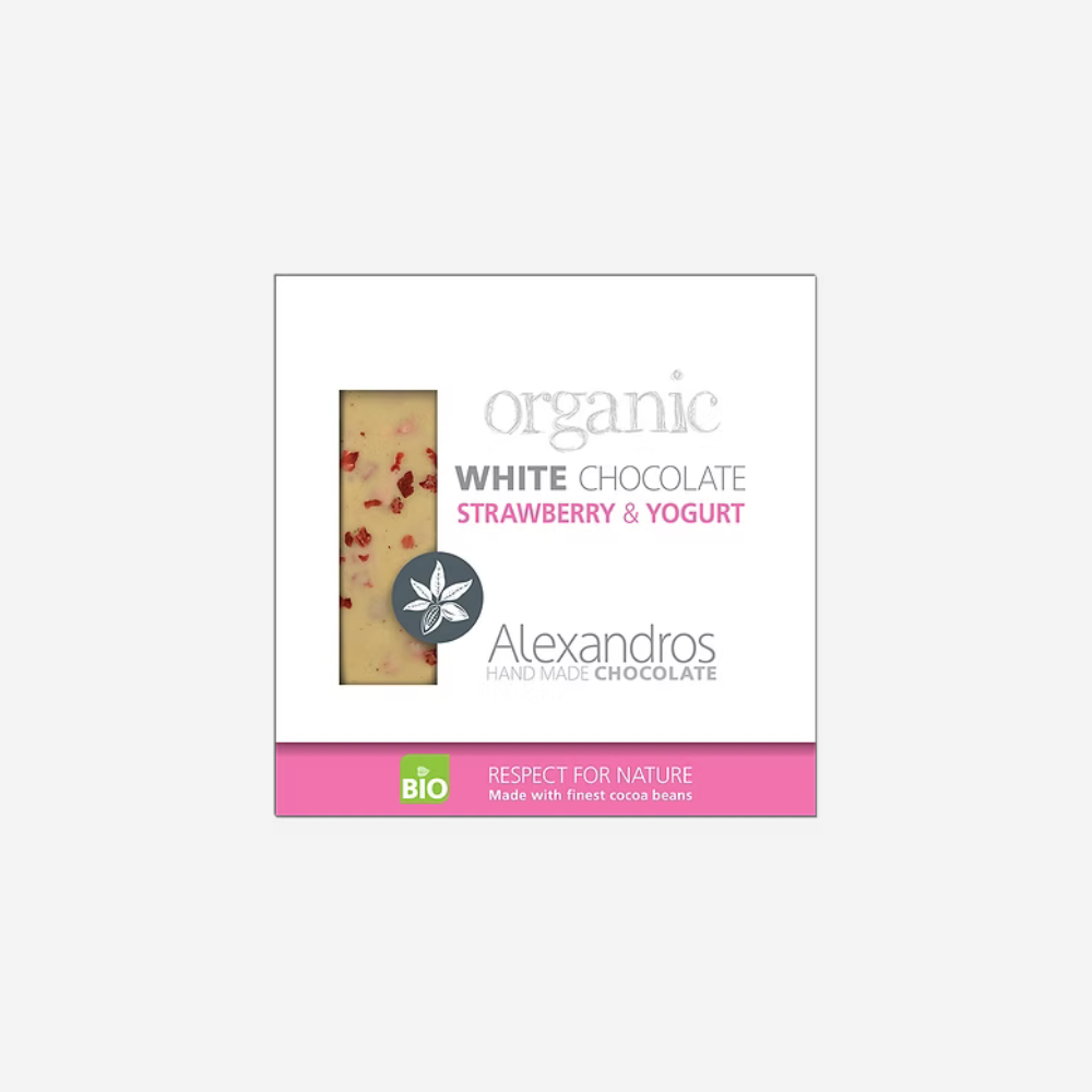 Weiße Schokolade mit Erdbeeren und Joghurt, 90g - BIO